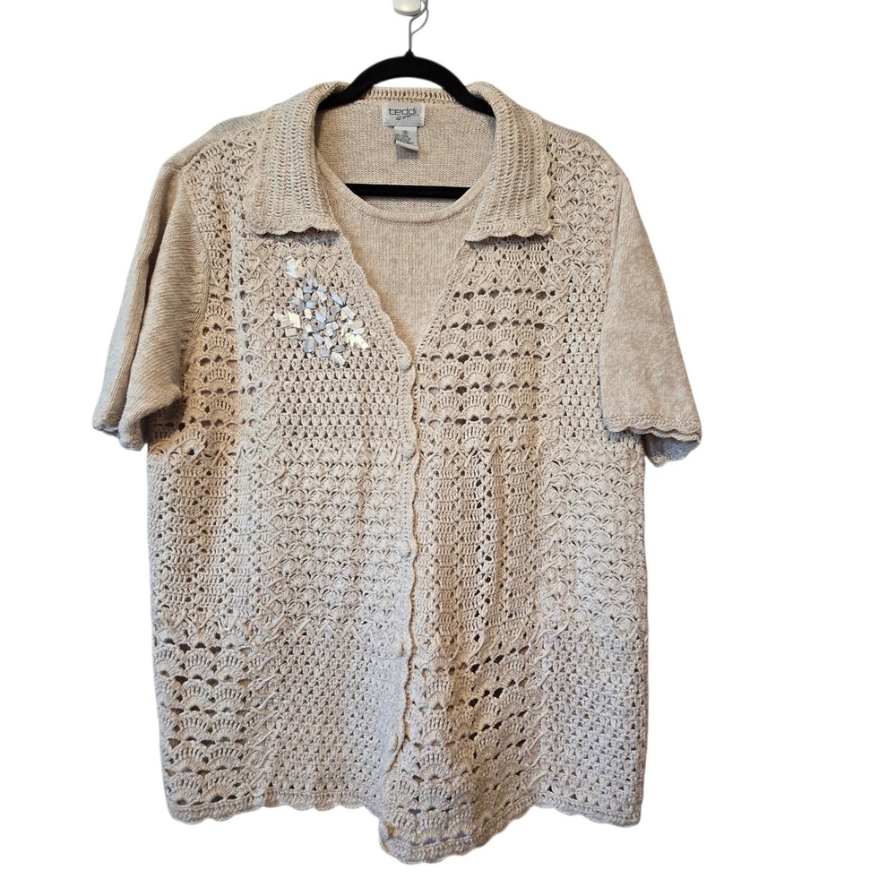 Vintage 90s Y2K Teddi Sweater Cardigan Women's 1X Beige Embroidery Cottage Boho
